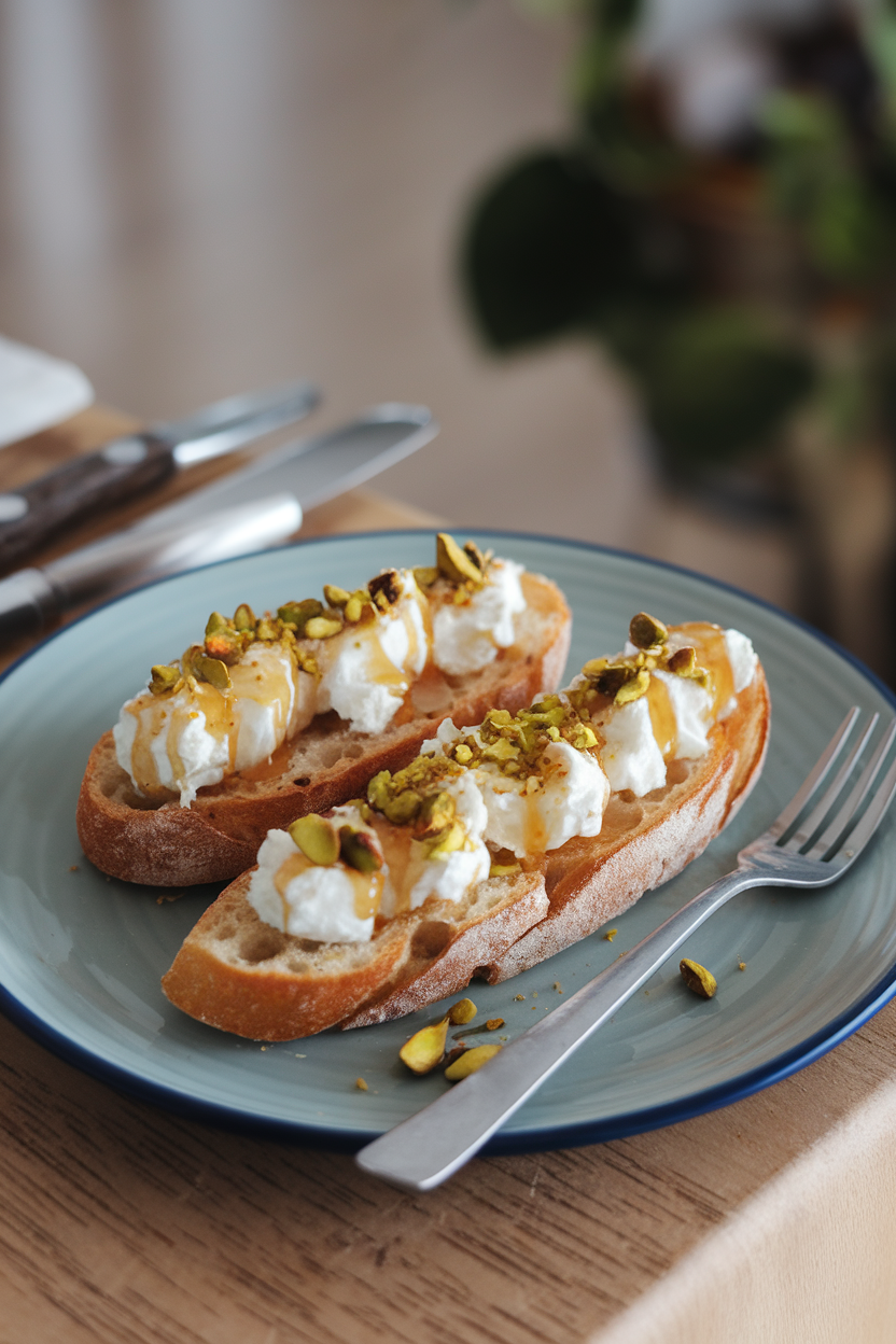 Indoor plate showcasing toasted baguette slices topped with ricotta, drizzled honey, and crushed pistachios. No visible text or logos.