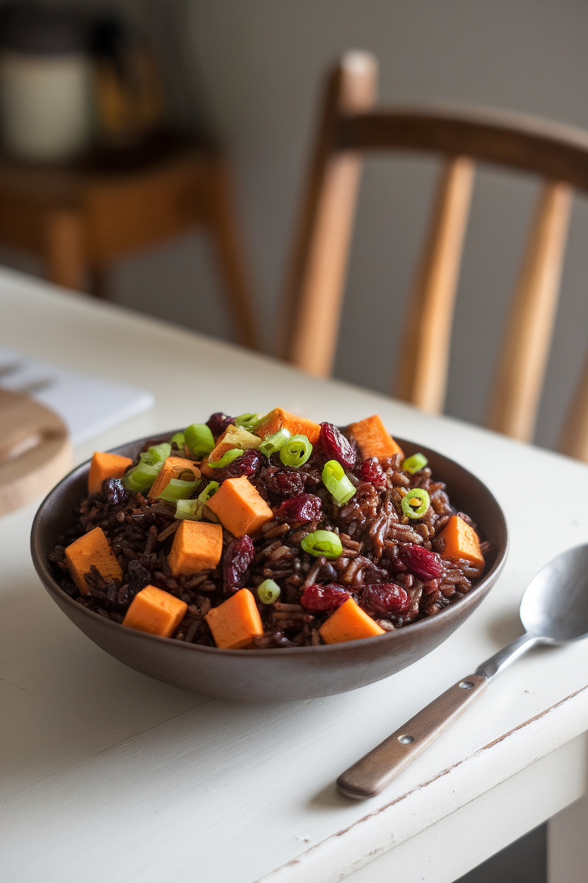 Indoor serving bowl of black forbidden rice tossed with roasted sweet potato cubes, cranberries, and green scallions. No text or logos.