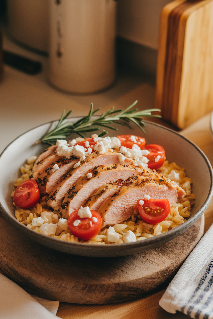 A shallow bowl on an indoor table filled with herbed chicken breast slices over lemony orzo, topped with crumbled feta and cherry tomato halves. Warm kitchen lighting, no logos. Photo.