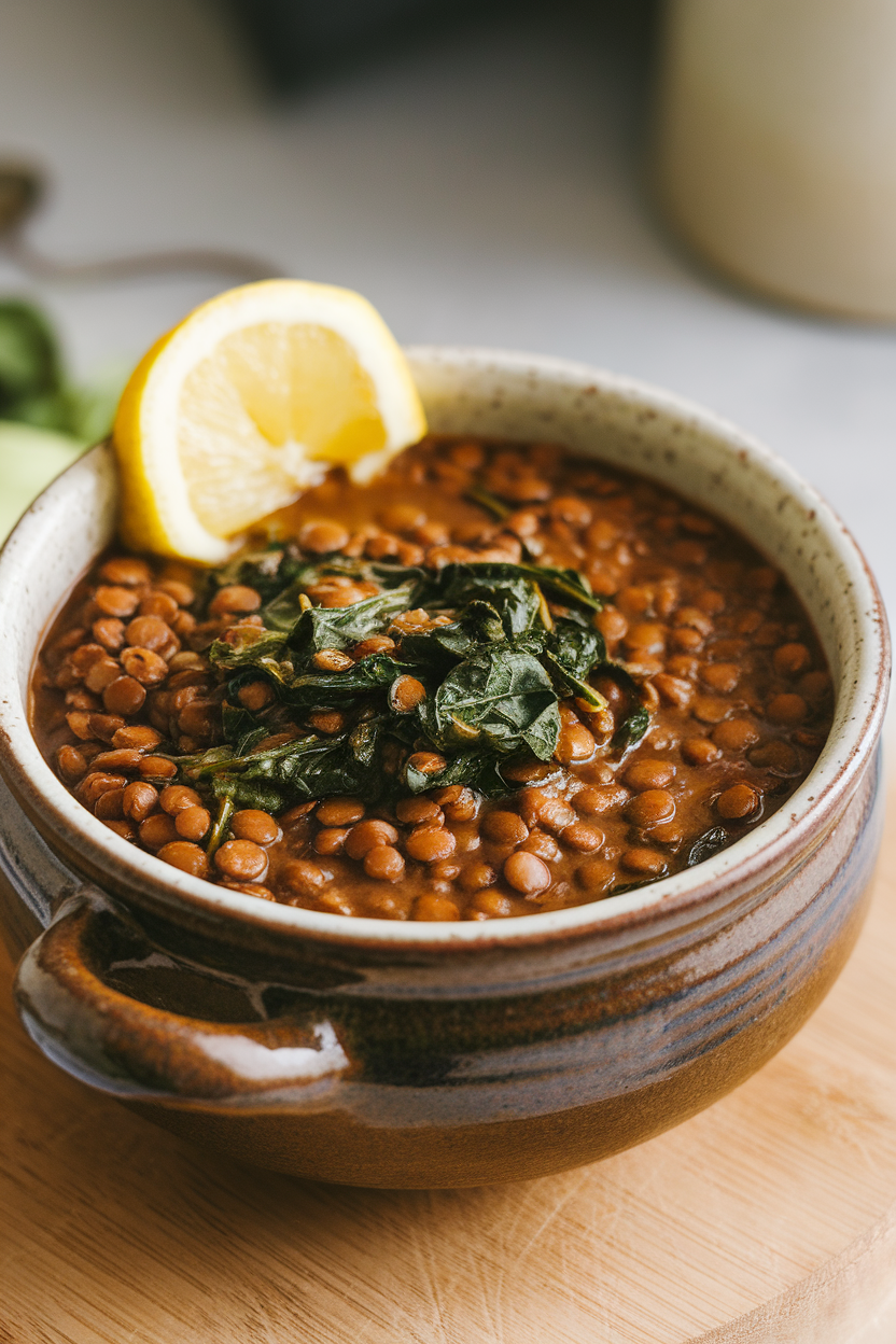 A ceramic indoor soup bowl filled with hearty brown lentil soup, wilted spinach visible, garnished with a lemon wedge on the rim. No logos or text.