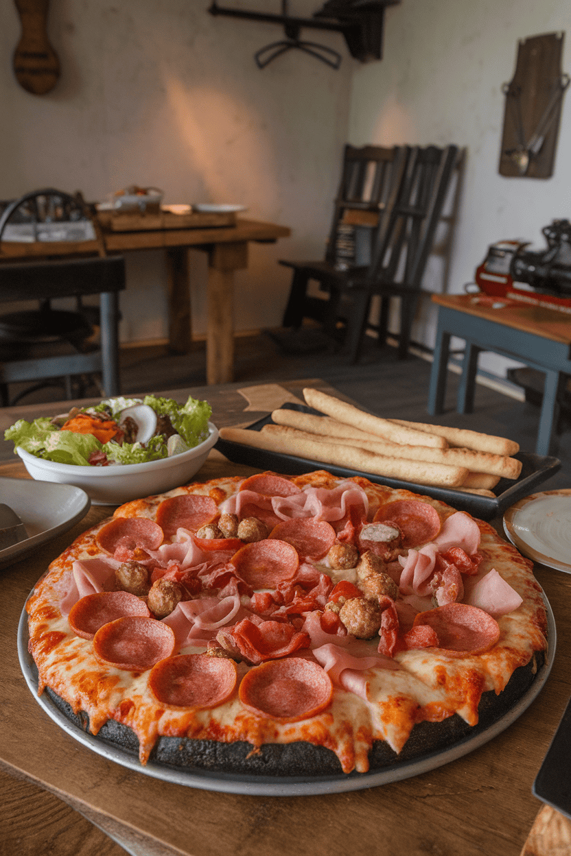 Indoor man-cave setting featuring a black-crust pizza piled high with pepperoni, sausage, bacon, and ham, cheese oozing at the edges. No text or logos.