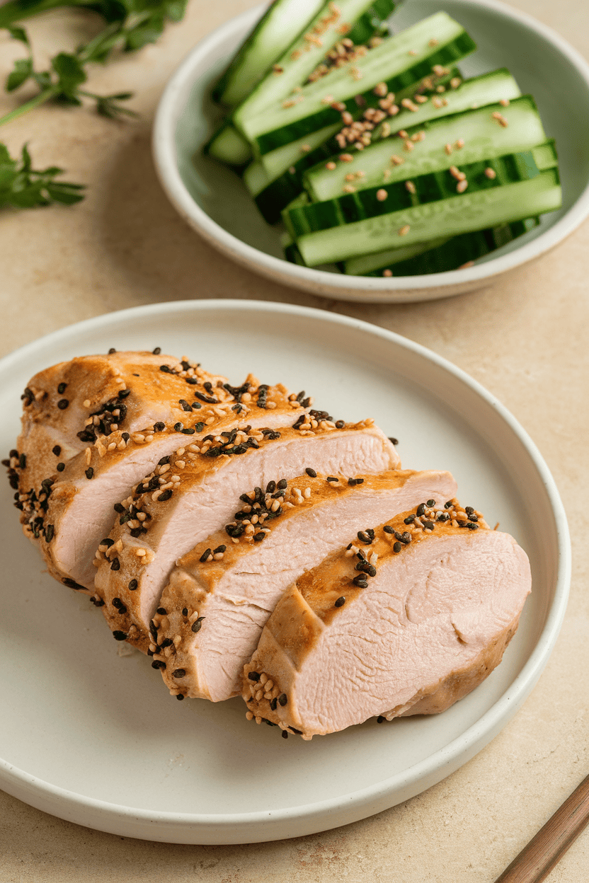 Photo of sliced poached chicken breast beside julienned cucumber tossed with sesame seeds indoors, no text or logos.