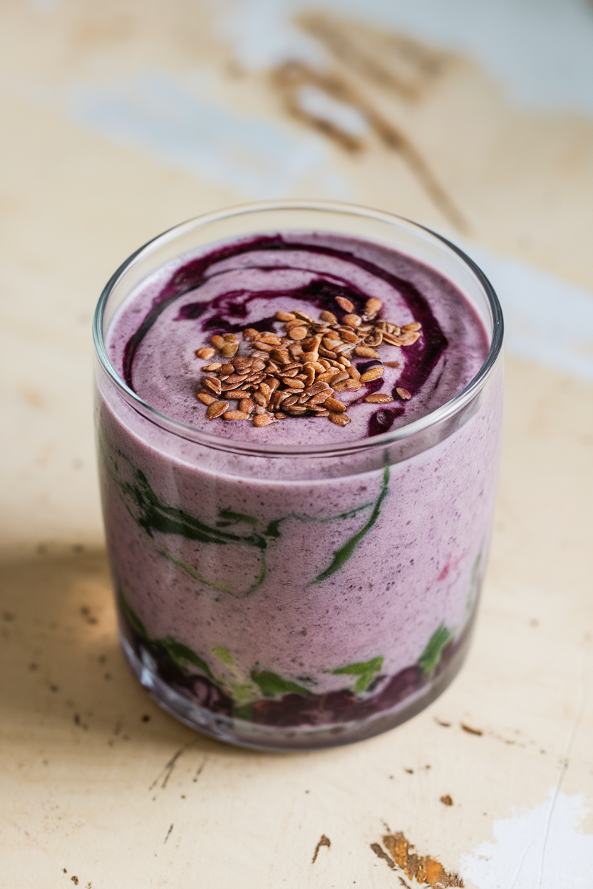 Indoor photo of a thick purple berry and spinach smoothie in a clear glass, sprinkle of flaxseed on top; no text or logos.