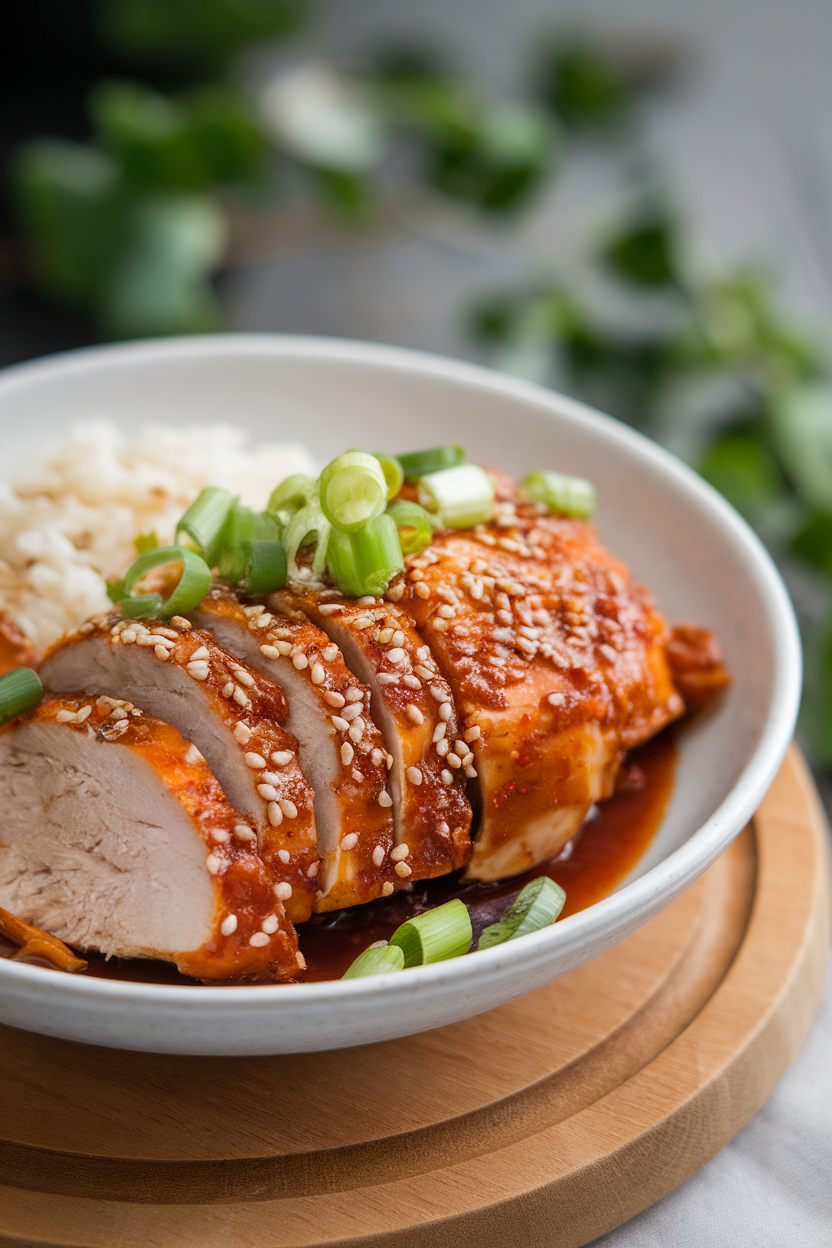 Indoor bowl of sliced gochujang-glazed chicken breast topped with sesame seeds and scallions, side of rice. No logos. Photo.