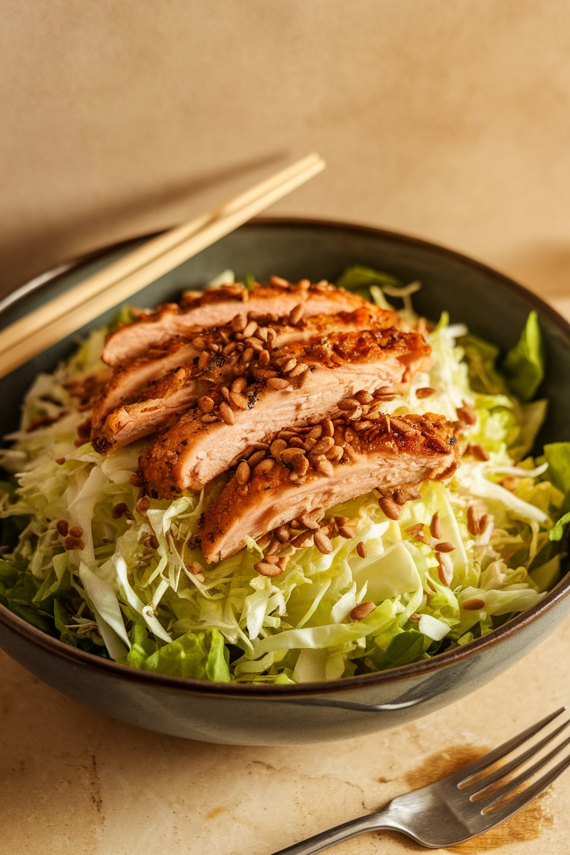 Indoor photo of chopped salad topped with garlic sesame chicken strips, shredded cabbage, and toasted seeds; lunch-table lighting, no text or logos