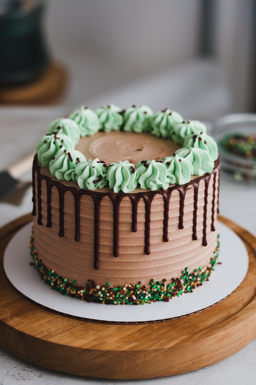An indoor view of a chocolate layer cake covered in pale-green mint frosting and finished with dark-chocolate ganache drips. Photo only, no text or logos.