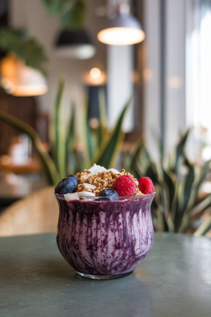 An indoor cafe-style table displaying a deep bowl of purple açaí puree topped with fresh berries, granola, and coconut flakes. Photo only, no text or logos.