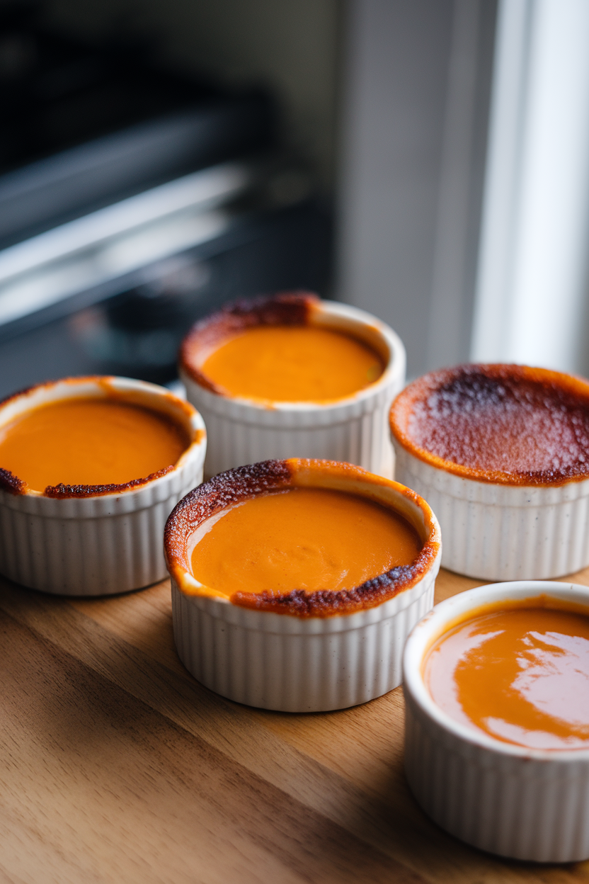 Indoor photo of individual ramekins with burnt sugar tops cracked slightly to reveal pumpkin custard beneath. No text or logos.