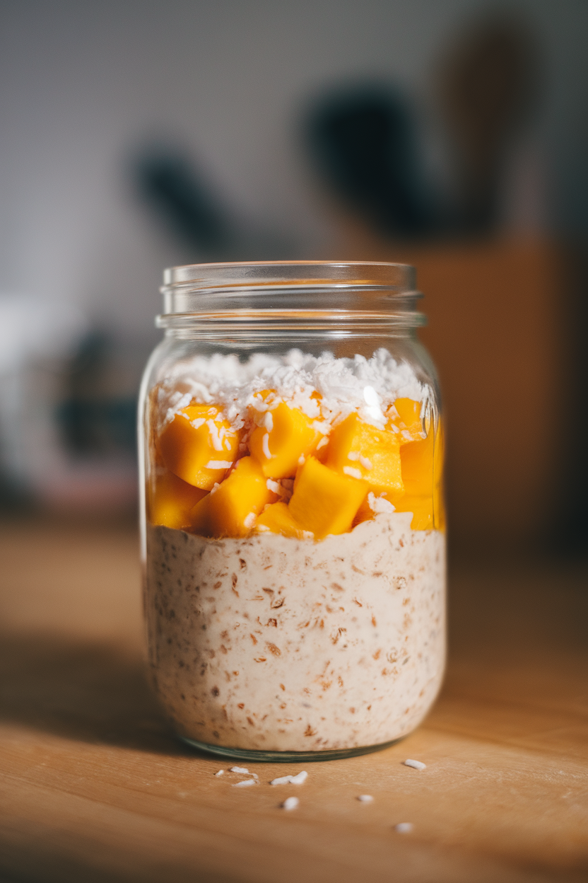 Indoor jar containing layered overnight oats, diced mango, and shredded coconut, photographed in soft morning light. No text or logos.