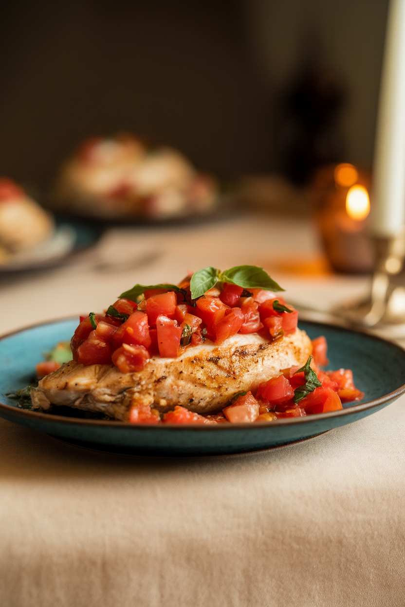 Indoor photo of chicken breast topped with diced tomato, basil, and garlic mixture on a plate; dinner table lighting, no text or logos