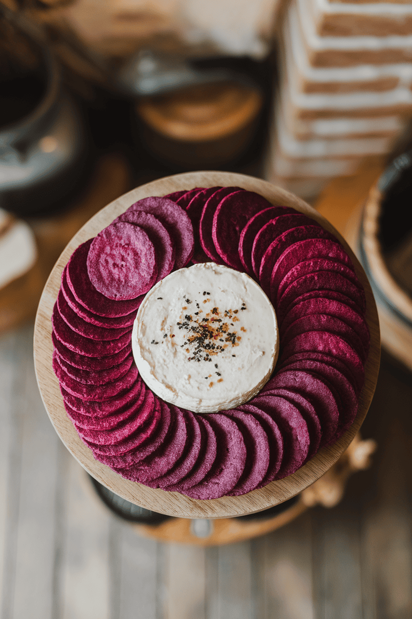 Overhead indoor image of homemade beet-tinted crackers in deep magenta, placed around a wheel of garlic Boursin sprinkled with black lava salt. No text or logos.