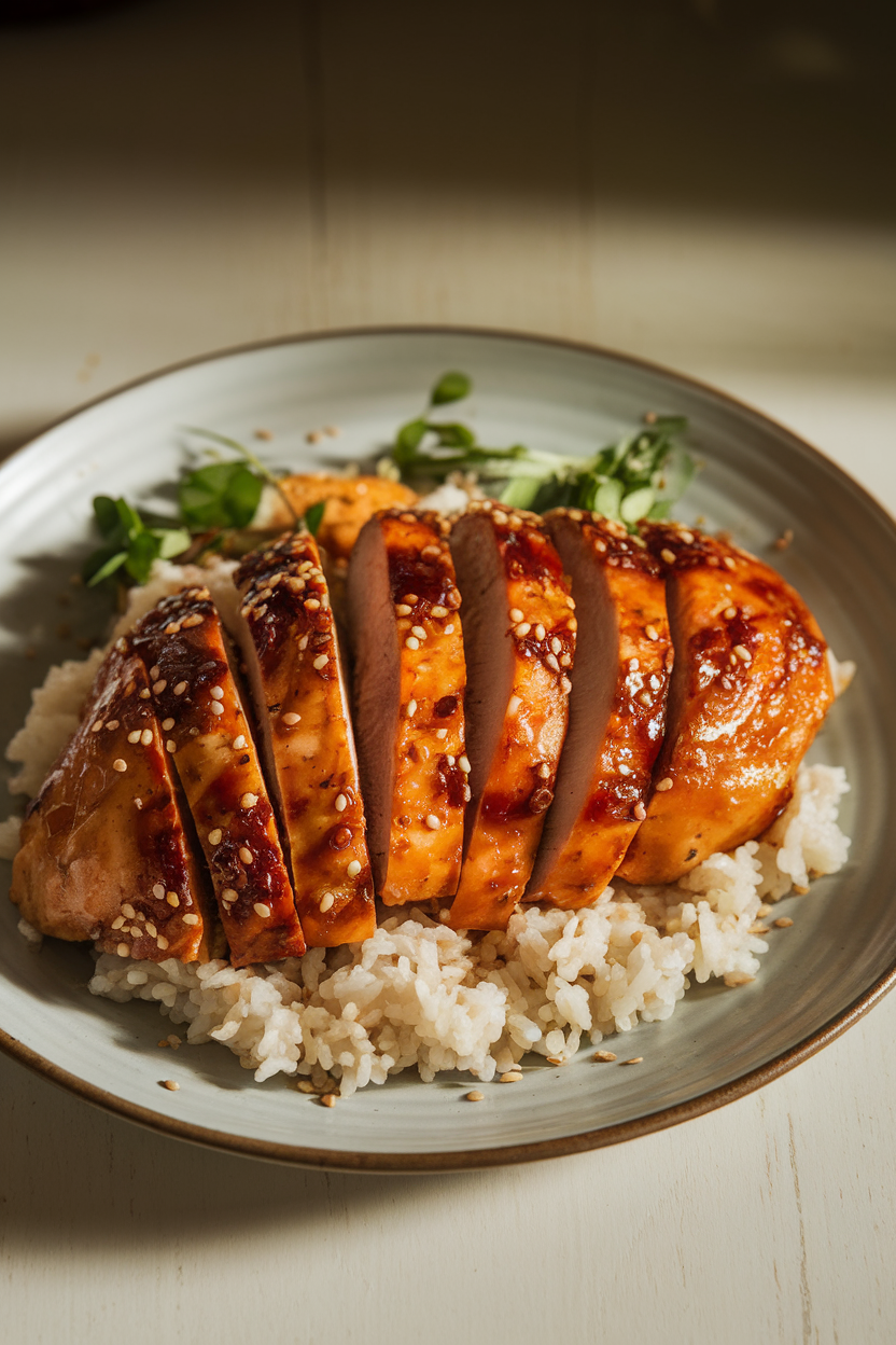 Indoor photo of teriyaki-glazed garlic chicken breast sliced over rice, sesame seeds scattered; dinner table lighting, no text or logos