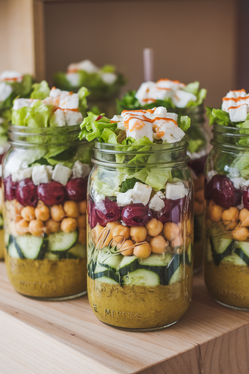 Indoor photo of tall mason jars layered bottom-to-top with vinaigrette, chickpeas, cucumbers, olives, feta, and lettuce. No logos.