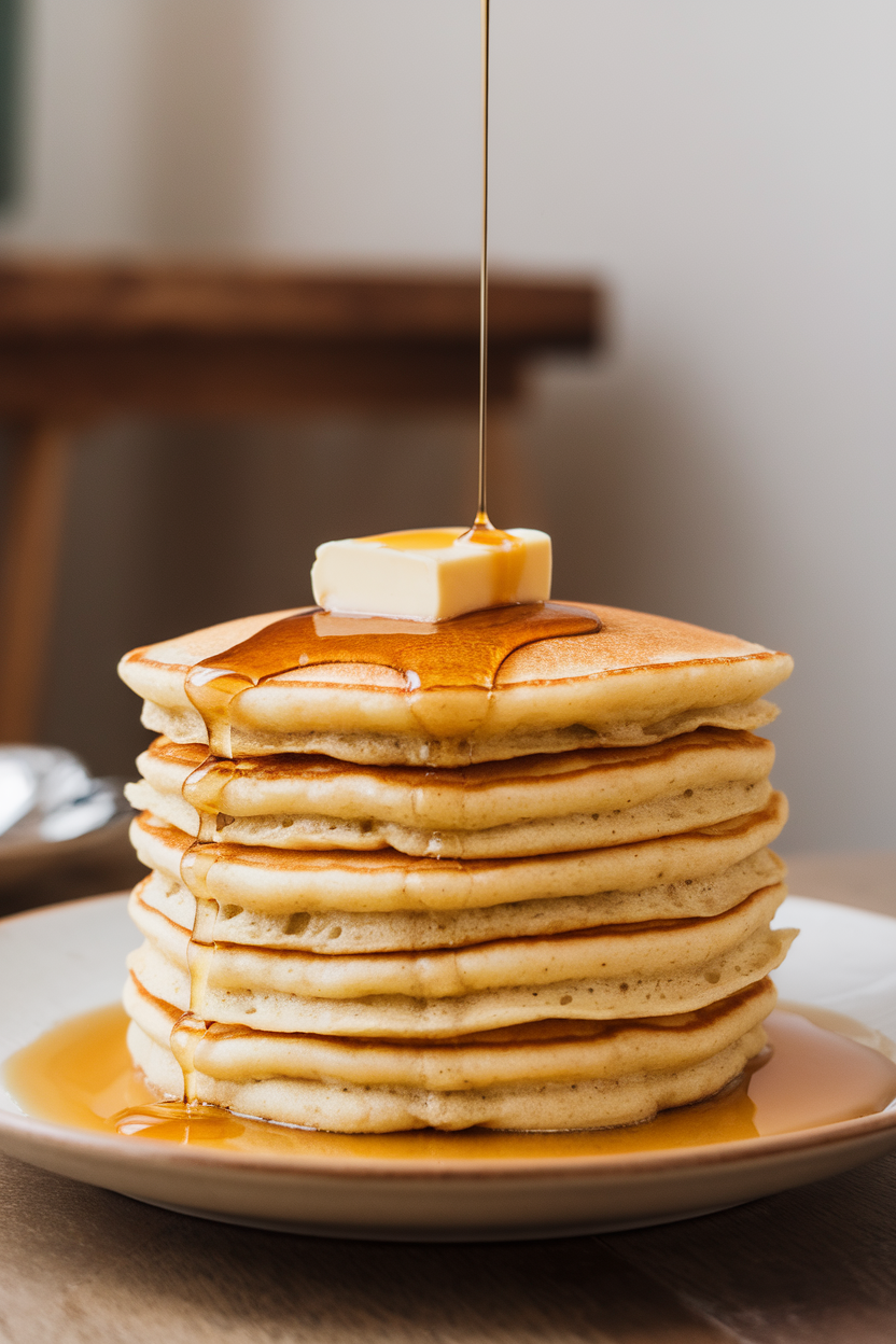 A stack of golden pancakes on an indoor breakfast table, pat of vegan butter melting on top, maple syrup drizzling down. Photo only, no text or logos.