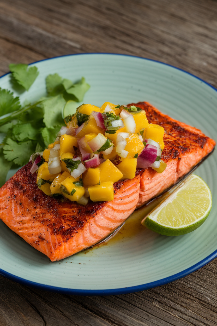An indoor plate featuring cooked BBQ-spiced salmon fillet topped with vibrant mango salsa, lime wedge on side. No text or logos, photo only.