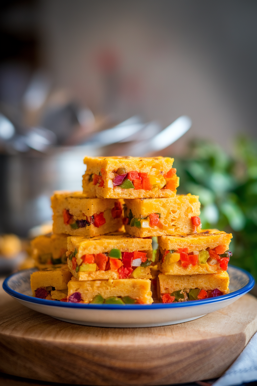 An indoor plate showing golden-brown polenta squares filled with colorful diced vegetables, stacked neatly, shot from eye level. No text or logos present.