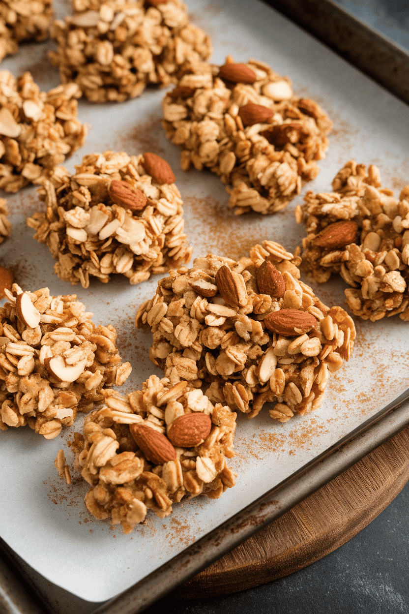 An indoor baking tray piled with golden granola clusters showing sliced almonds and a dusting of cinnamon—no text or logos. Photo only.