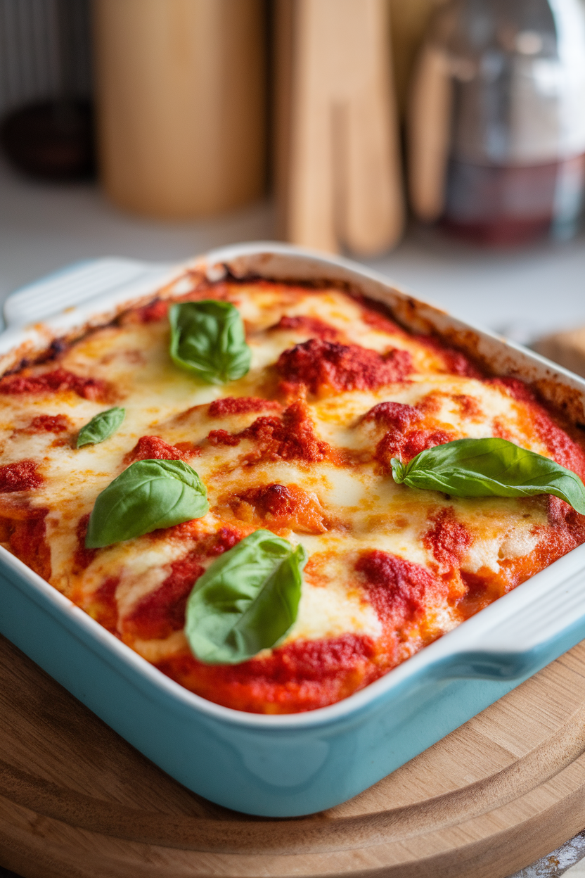 Indoor scene with a casserole dish of chicken Parmesan, cheese bubbling and browned on top, basil leaves scattered over melted mozzarella. No text or logos. Photo only.