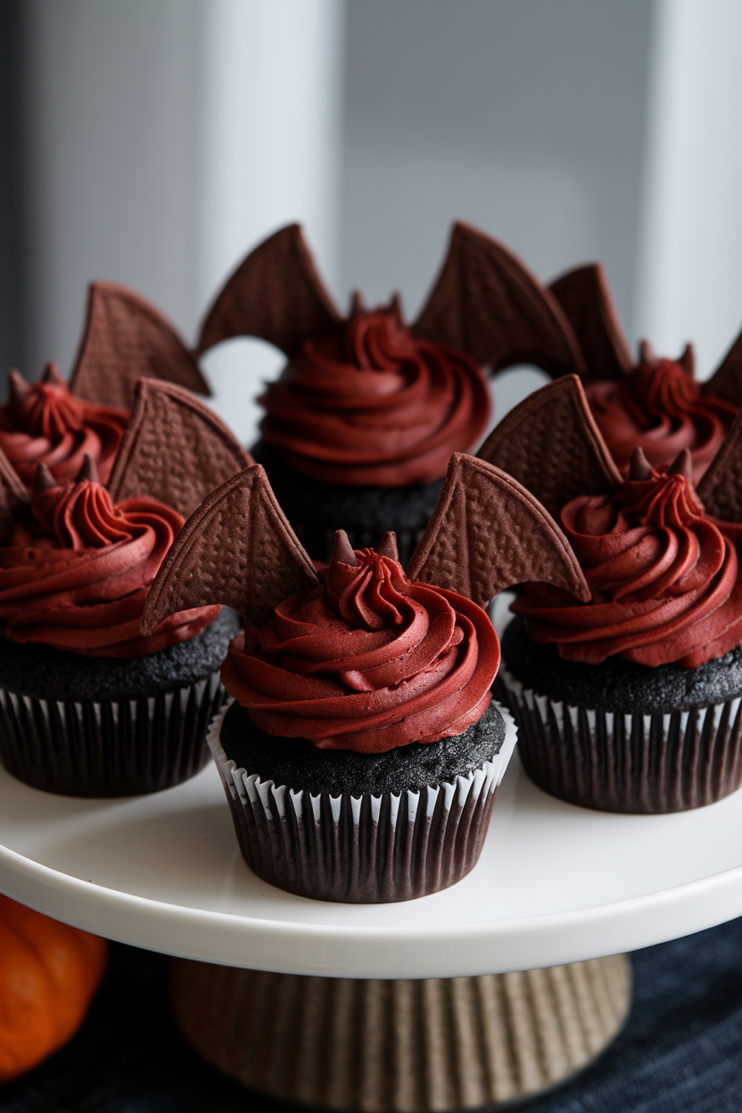 An indoor dessert plate holding black cocoa cupcakes with deep crimson cream cheese frosting and chocolate wafer bat wings, no text or logos.