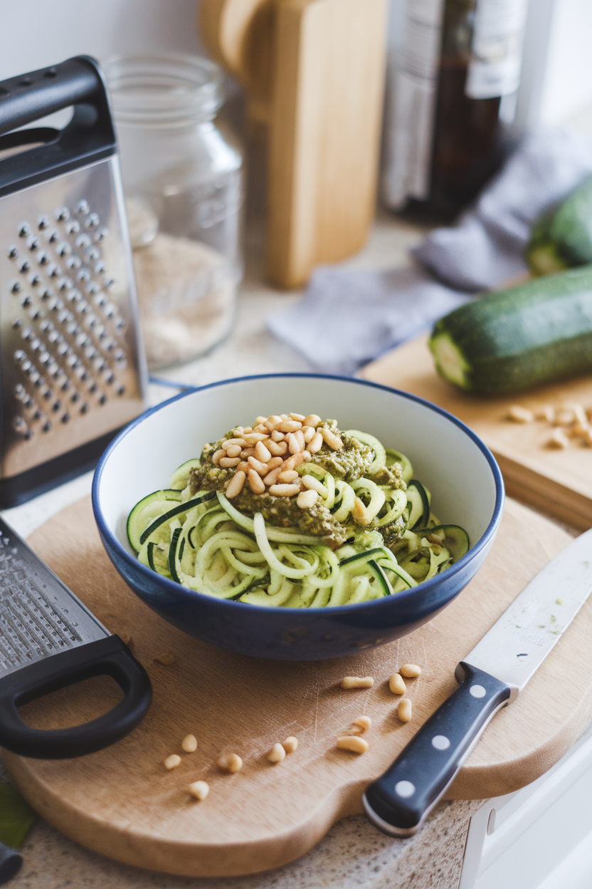 An indoor kitchen counter showing a bowl of zucchini noodles coated in basil pesto and sprinkled with toasted pine nuts; soft window light, no branding present.