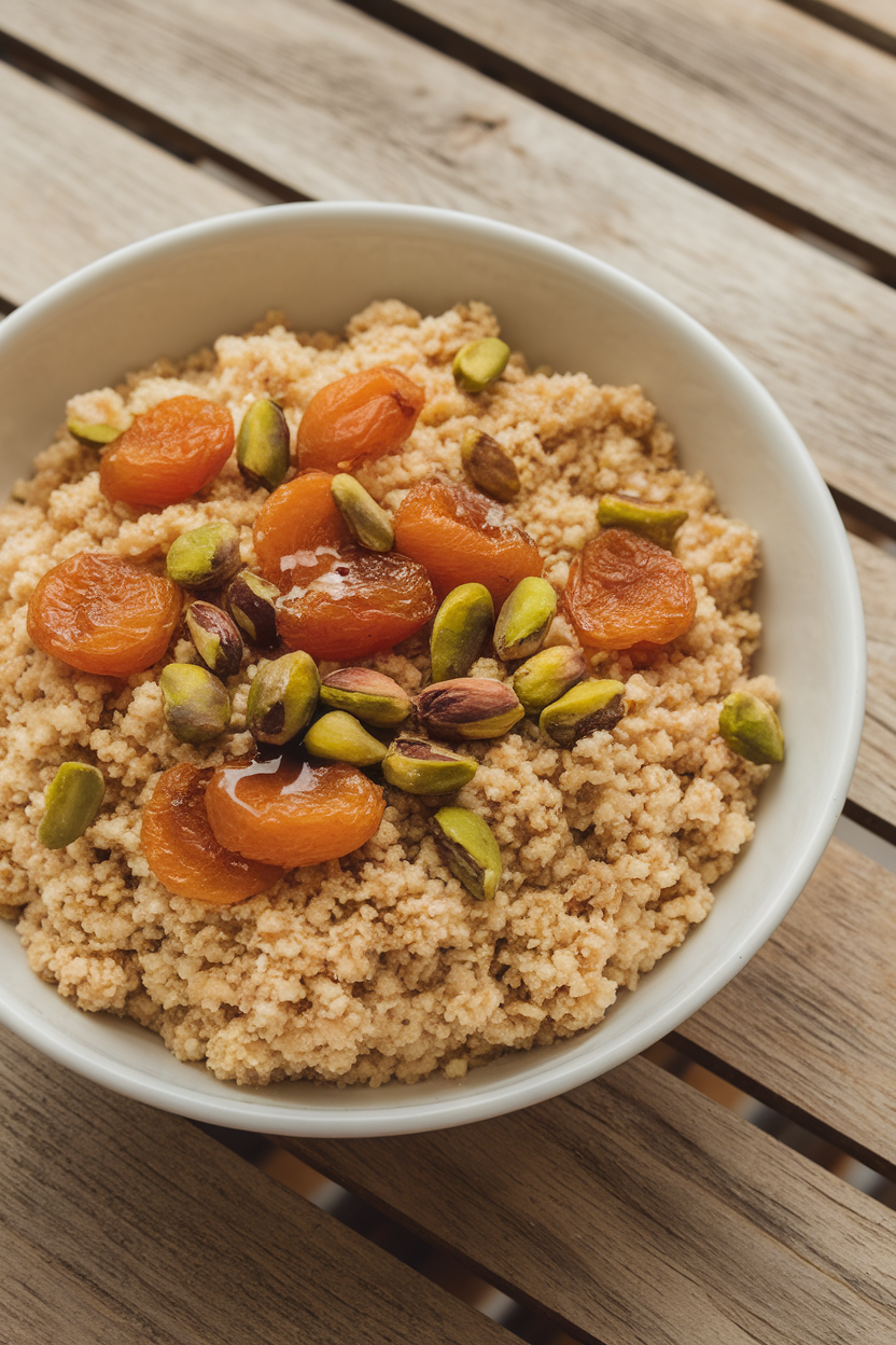 Indoor bowl of fluffy couscous mixed with dried apricots, pistachios, and a drizzle of maple syrup. No text or logos.