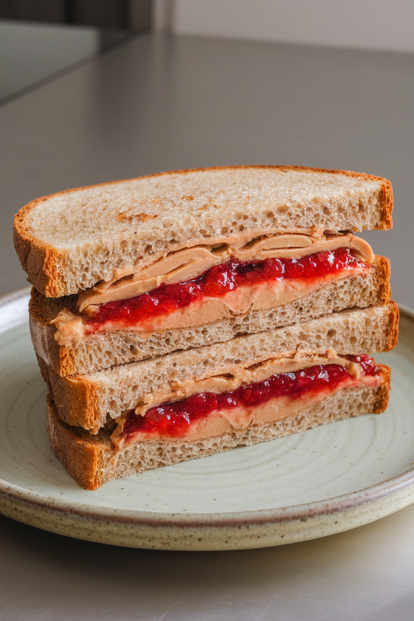 Photo of a cut-in-half sandwich on whole-grain bread filled with almond butter and strawberry jam, placed on an indoor plate. No text or logos.