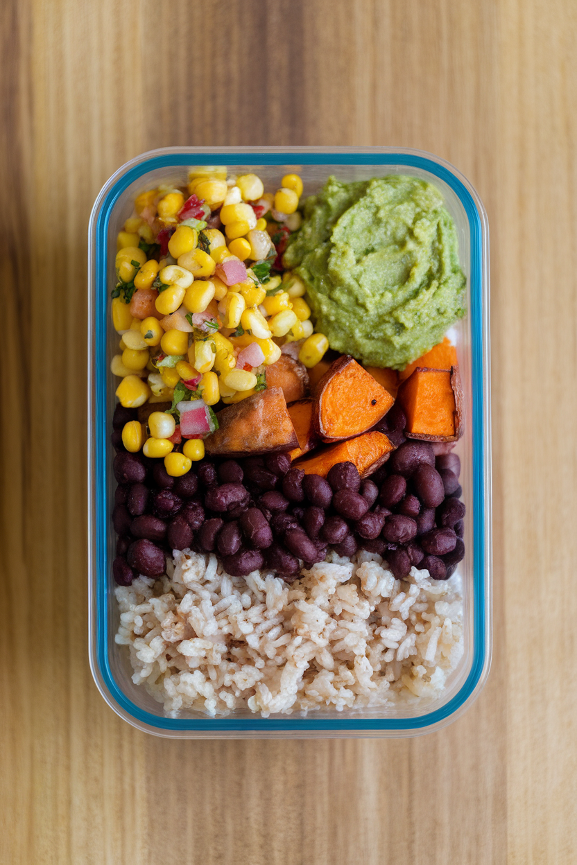 An indoor meal-prep container filled with brown rice, black beans, roasted sweet potatoes, corn salsa, and guacamole. No text or logos visible; photo only.