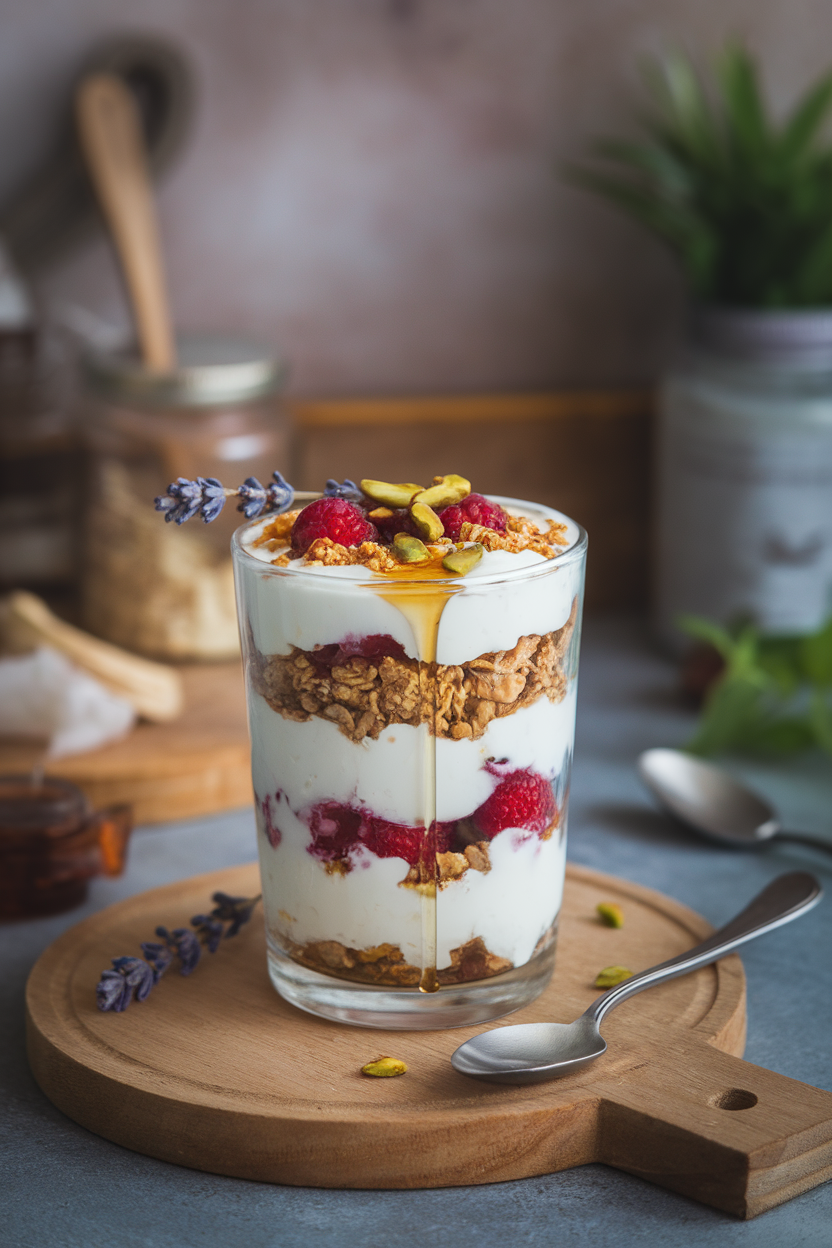 Photo of layered yogurt parfait in a glass indoors with honey drizzle, sprinkled lavender buds, and pistachios; no text or logos.
