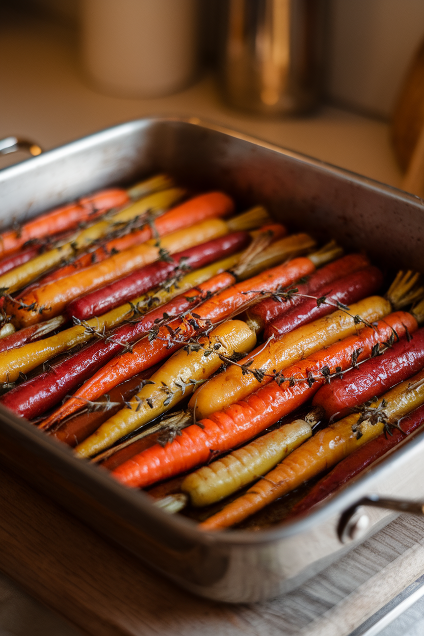 Indoor roasting pan of rainbow carrots glazed with honey and thyme, slight sheen under warm light. No text or logos.