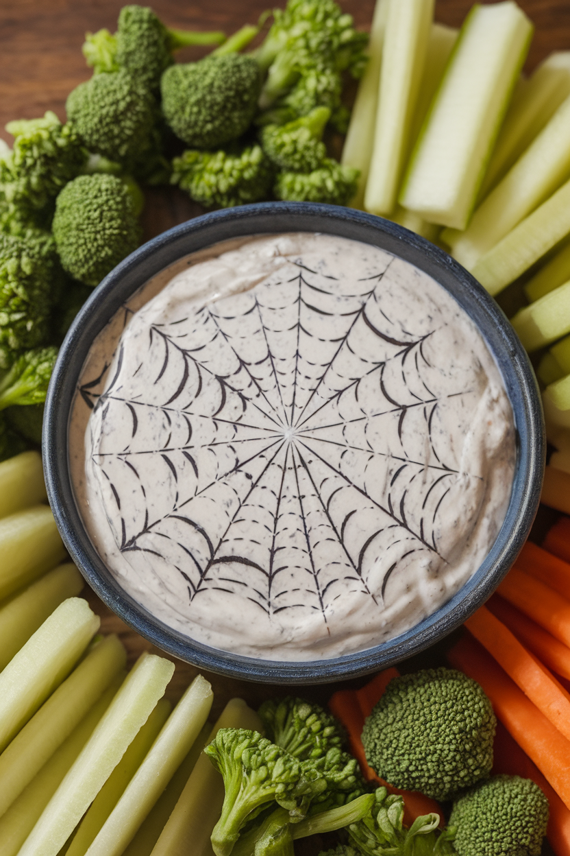 Indoor photo of a wide shallow bowl of ranch dip, with thin charcoal powder lines pulled outward to create a cobweb pattern, surrounded by raw vegetable florets. No text or logos.