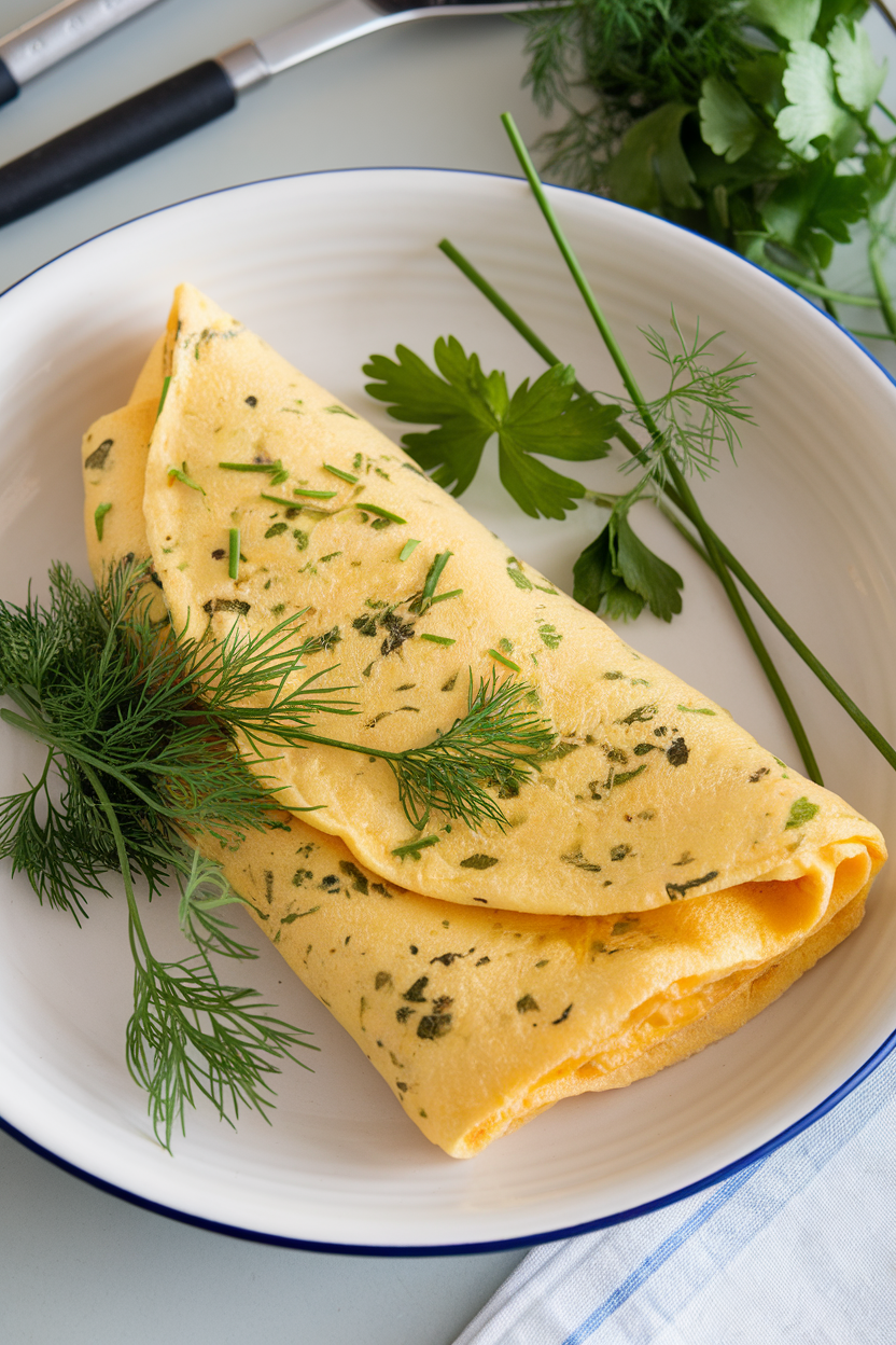 Photo of a folded omelet speckled with fresh dill, parsley, and chives, plated indoors on a white dish. No text or logos anywhere.