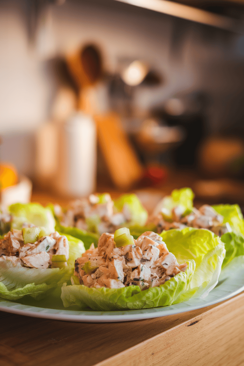 Photo of iceberg lettuce leaves arranged on a plate, each filled with chicken salad made with diced celery and grapes, indoor lighting, no text or logos.