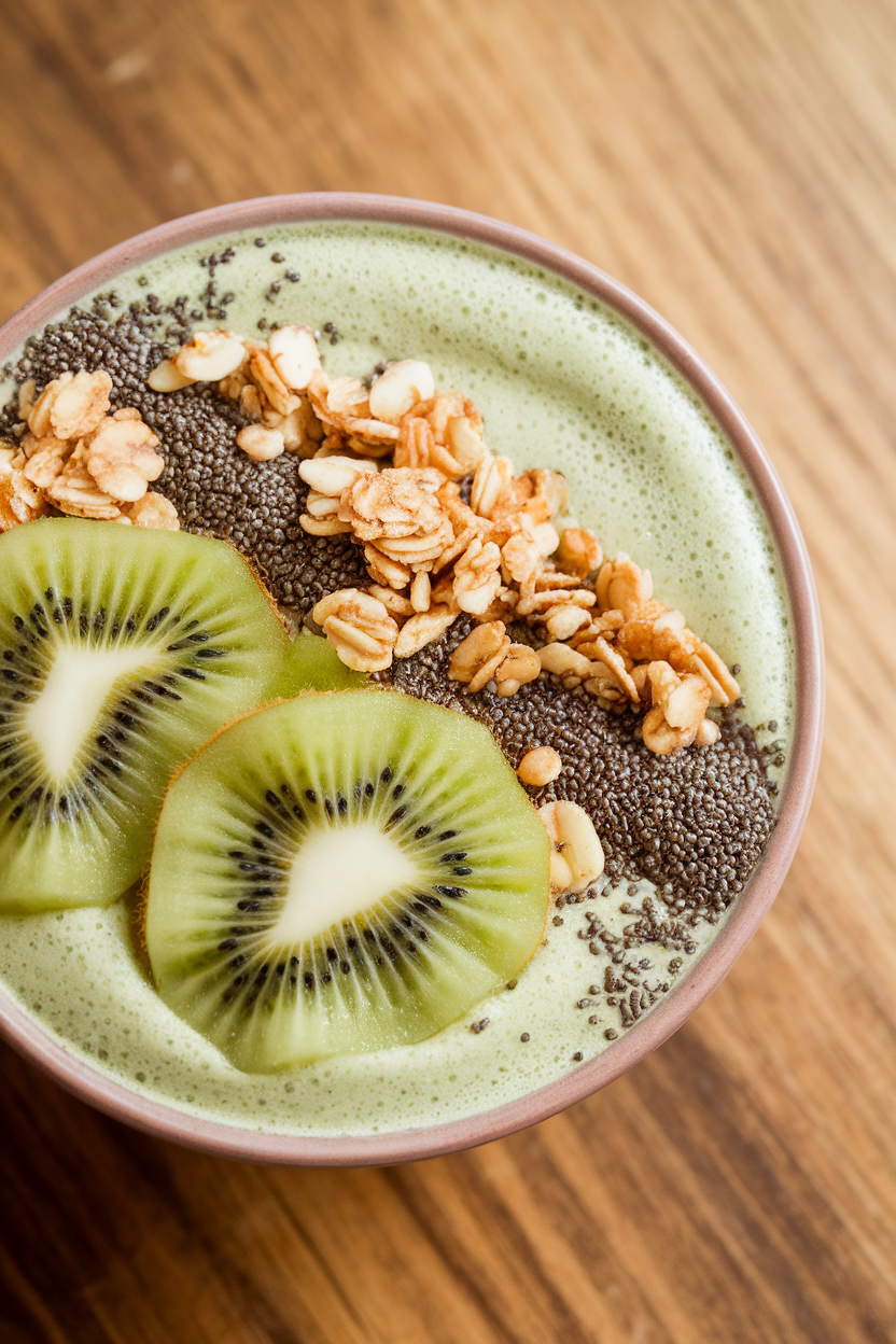 Indoor photo of a shallow bowl filled with pale green matcha-kefir smoothie, topped with sliced kiwi, granola, and chia seeds. Soft morning light, no text or logos.