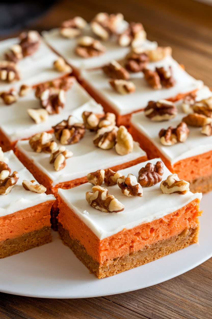 Indoor photo of frosted carrot-pumpkin bars cut into rectangles, sprinkled with chopped walnuts. No text or logos.