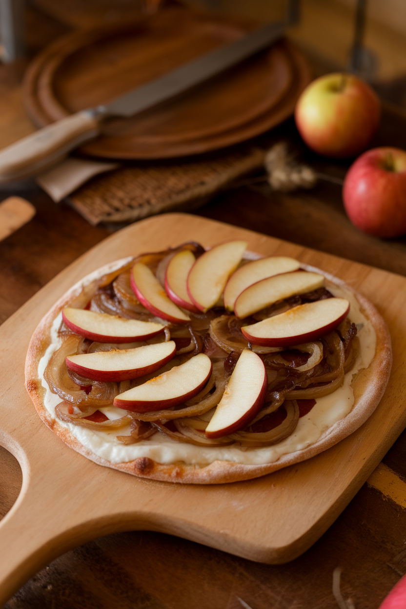Warm indoor image of a thin-crust pizza topped with brie, caramelized onions, and blood-red apple slices fanned across. Photo only, no text or logos.