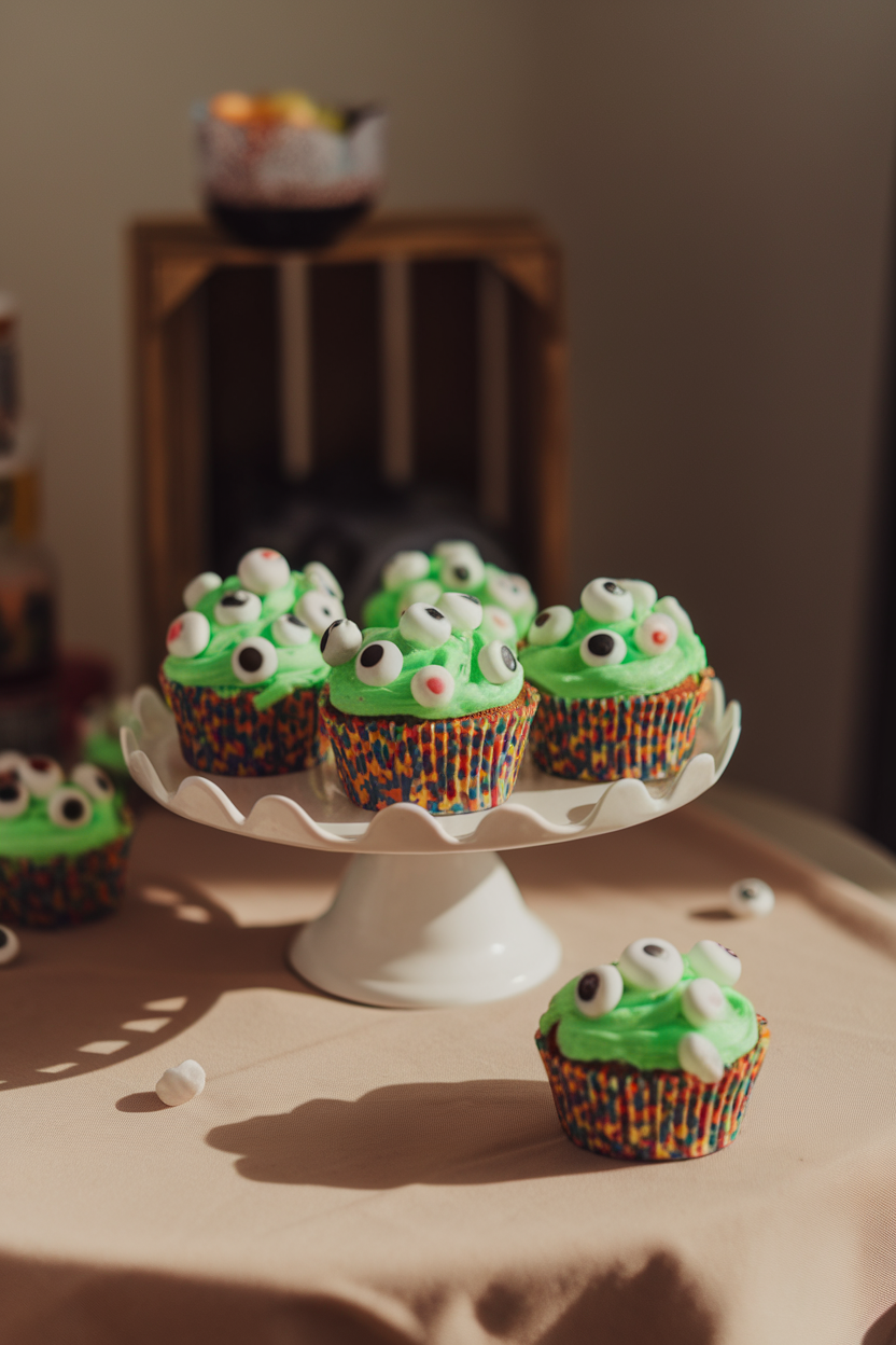 Soft indoor lighting over funfetti cupcakes covered in neon green frosting and studded with candy eyeballs of various sizes, no text or logos.