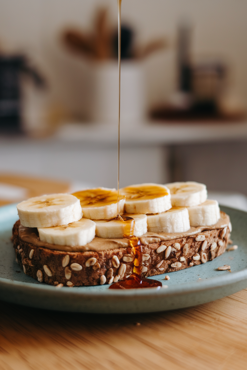 A slice of multigrain toast on an indoor plate slathered with tahini and layered with banana rounds, drizzle of date syrup. Photo only, no text or logos.