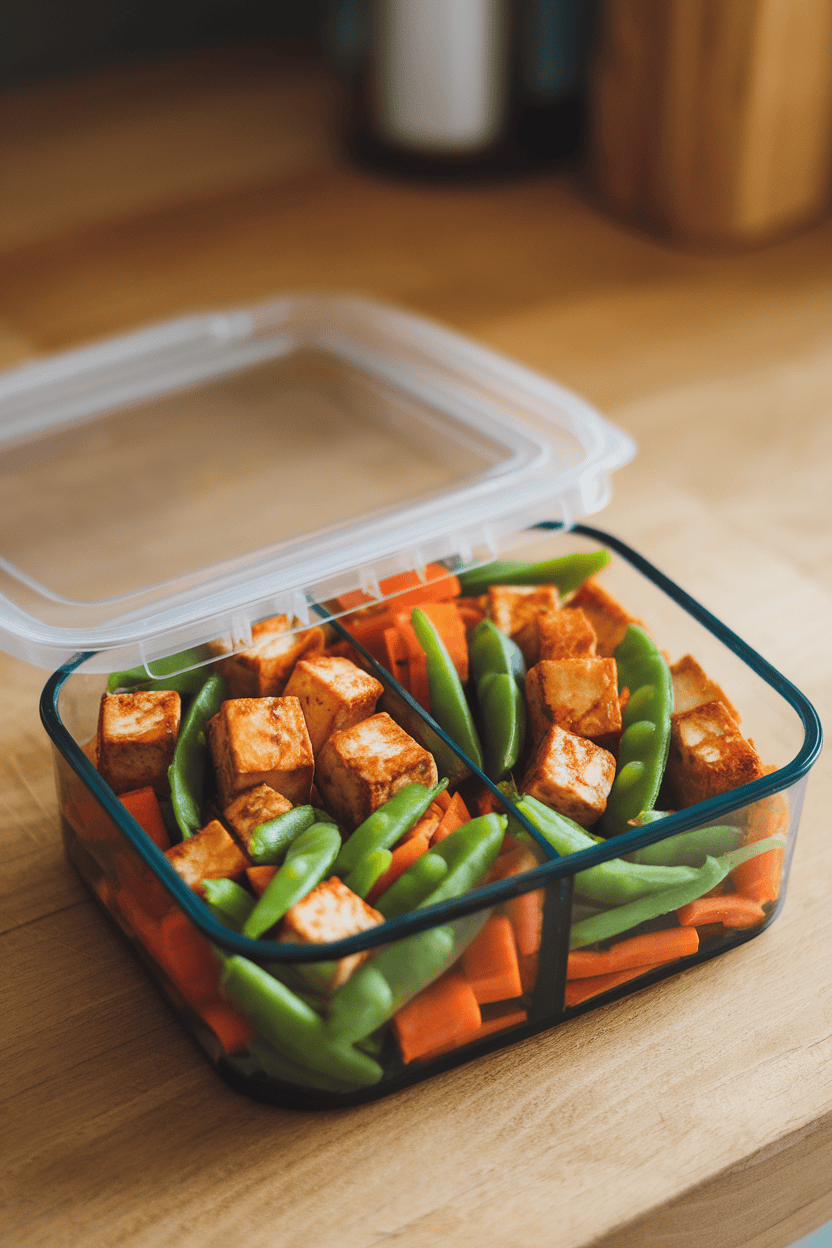 Indoor photo of cubes of crispy tofu mixed with snap peas and carrots in a divided meal-prep container. No text or logos.