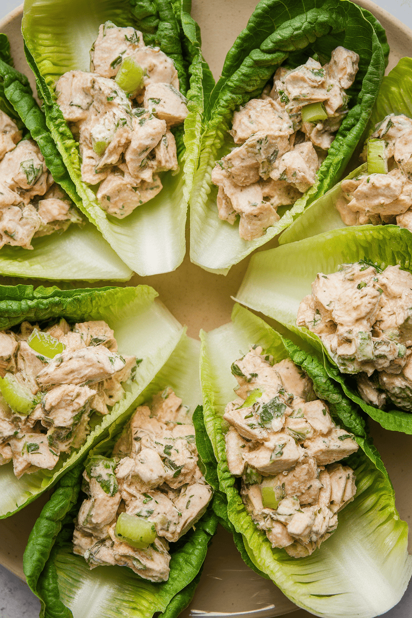 Indoor close-up of romaine leaves filled with chicken salad flecked with herbs and diced celery, arranged on a platter. No logos.