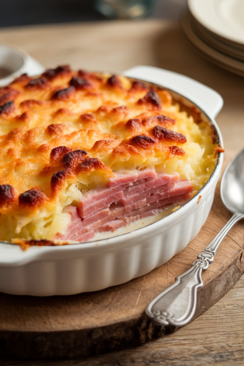 Indoor photo of a creamy ham and potato gratin with browned cheesy top, a serving spoon ready. No text or logos.