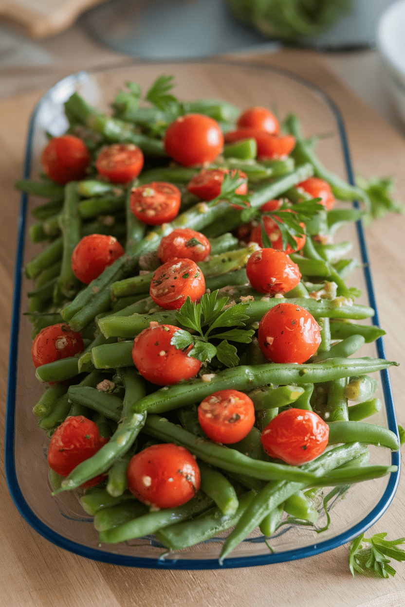 Indoor tabletop photo of blanched green beans and cherry tomatoes in a shallow platter, coated with garlic vinaigrette; no logos.