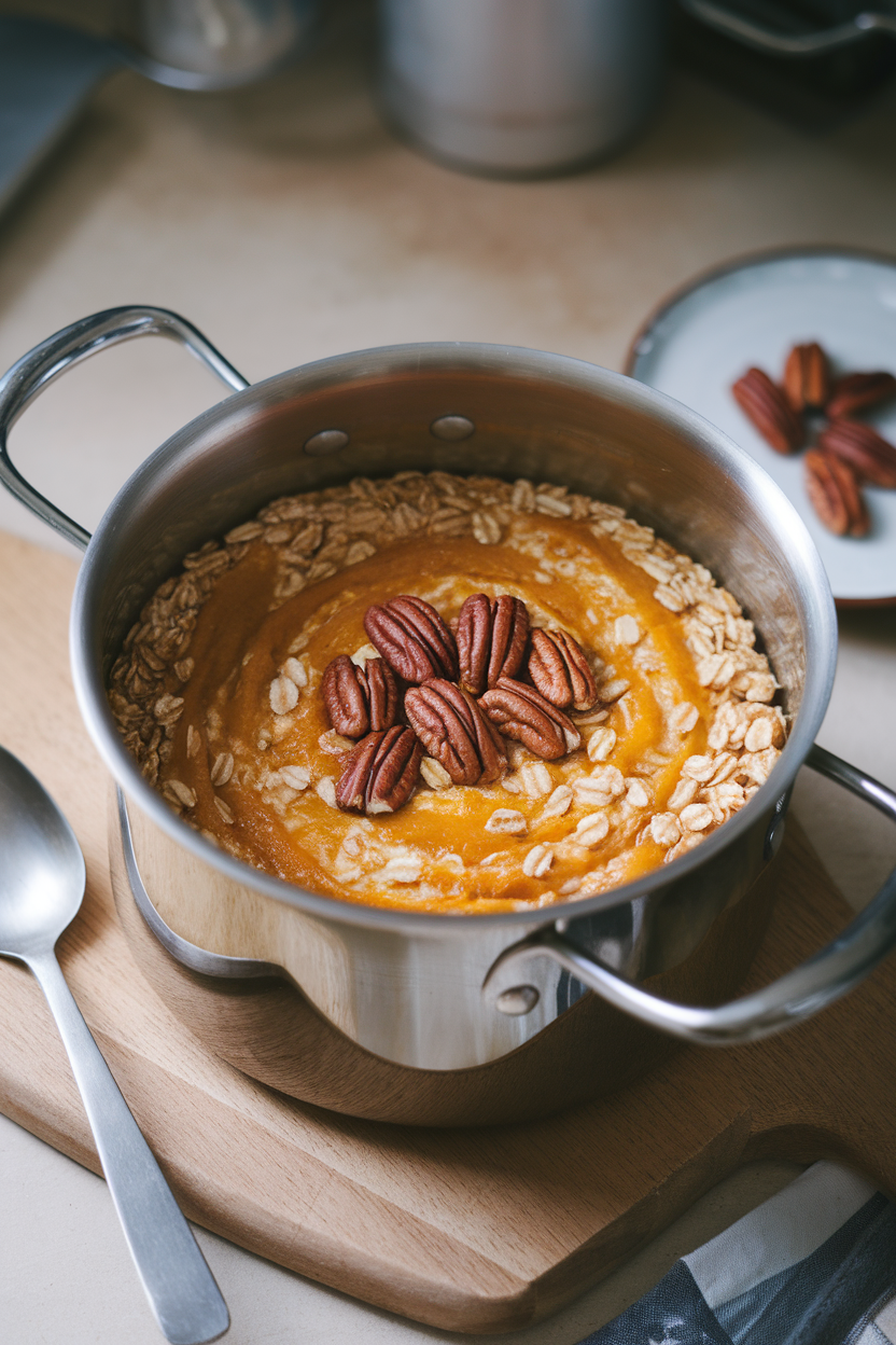 Indoor photo of a pot of thick steel-cut oats swirled with pumpkin purée and topped with pecans. No text or logos visible.