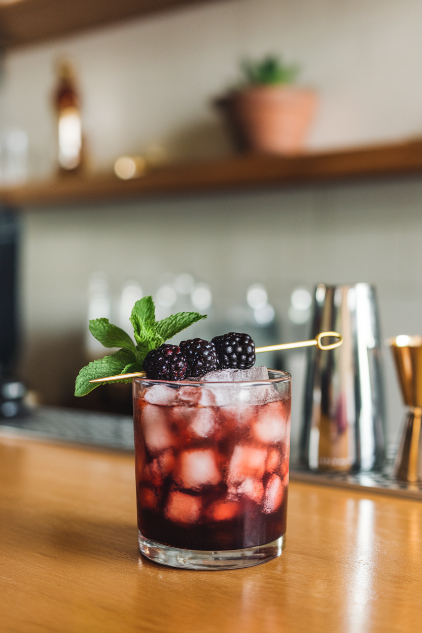 Indoor cocktail bar with a rocks glass of dark blackberry-bourbon smash, mint leaves and blackberry skewer sitting atop crushed ice. No text or logos. Photo, not illustration.