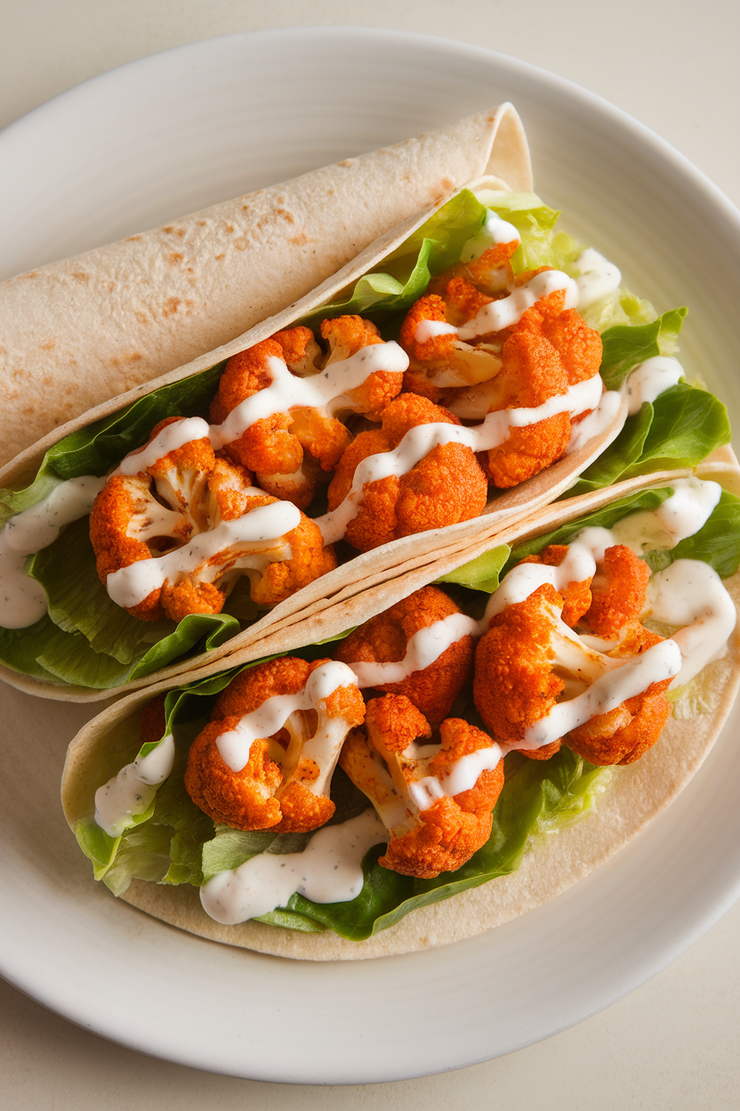 Photo of a tortilla indoors filled with roasted buffalo cauliflower bites, lettuce, and ranch drizzle. No text or logos.