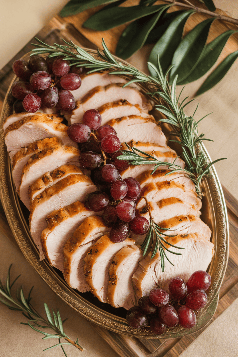 Indoor platter featuring sliced turkey cutlets garnished with roasted red grapes and sprigs of rosemary. No text or logos present.