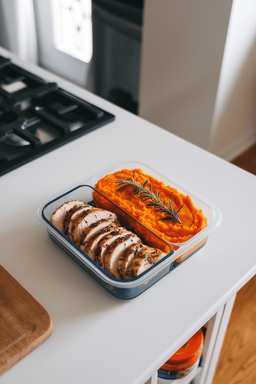 An indoor kitchen island showing a compartmentalized meal-prep container: one side holds herb-grilled chicken slices, the other a vivid orange sweet potato mash sprinkled with rosemary—no logos anywhere. Photo only.