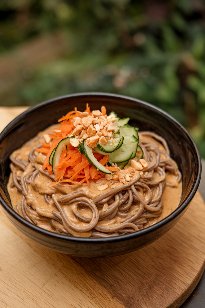 Indoor bowl of soba noodles coated in creamy peanut sauce, topped with shredded carrots, cucumber ribbons, and crushed peanuts. No text or logos.