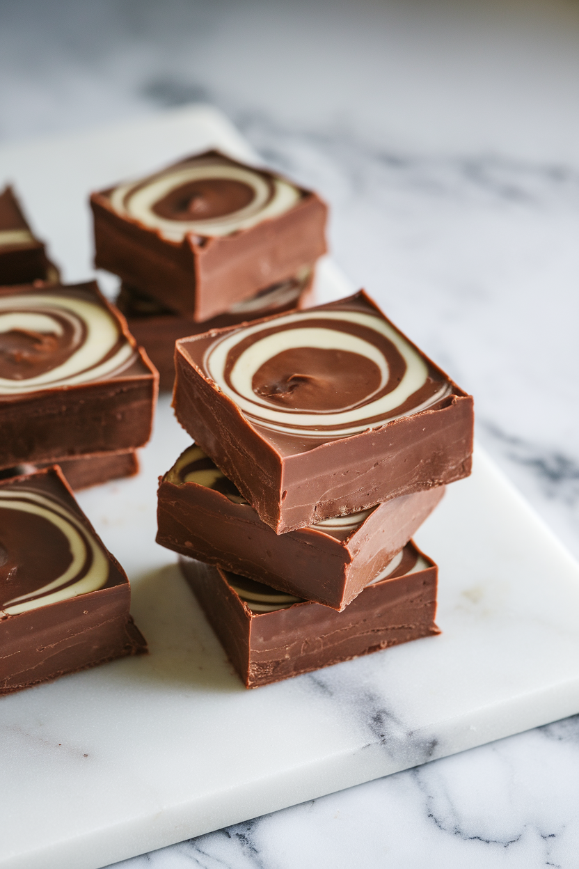 An indoor marble countertop with square pieces of glossy chocolate fudge stacked, a swirl of almond butter visible on top of each piece. No text or logos.