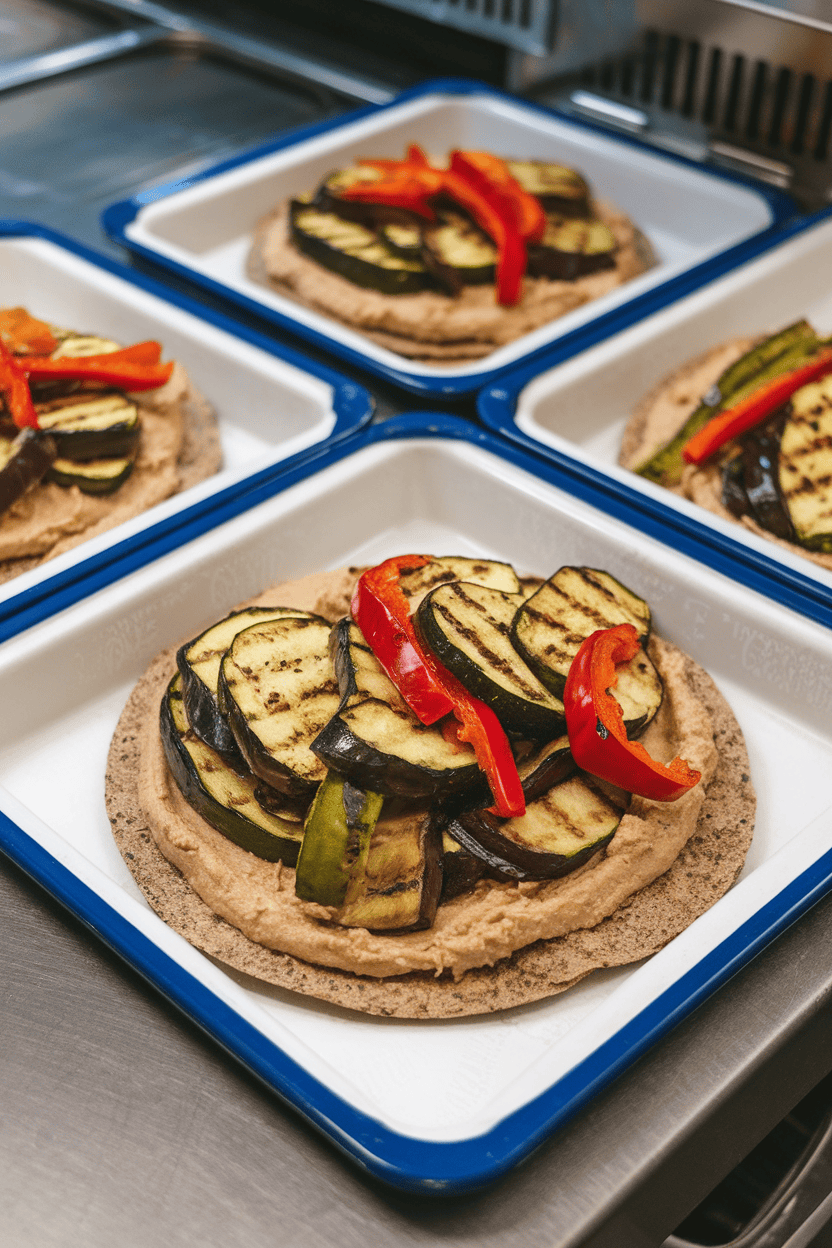 An indoor prep counter with whole-wheat tortillas spread with hummus and topped with grilled zucchini, red peppers, and eggplant strips. No text or logos on dishware.