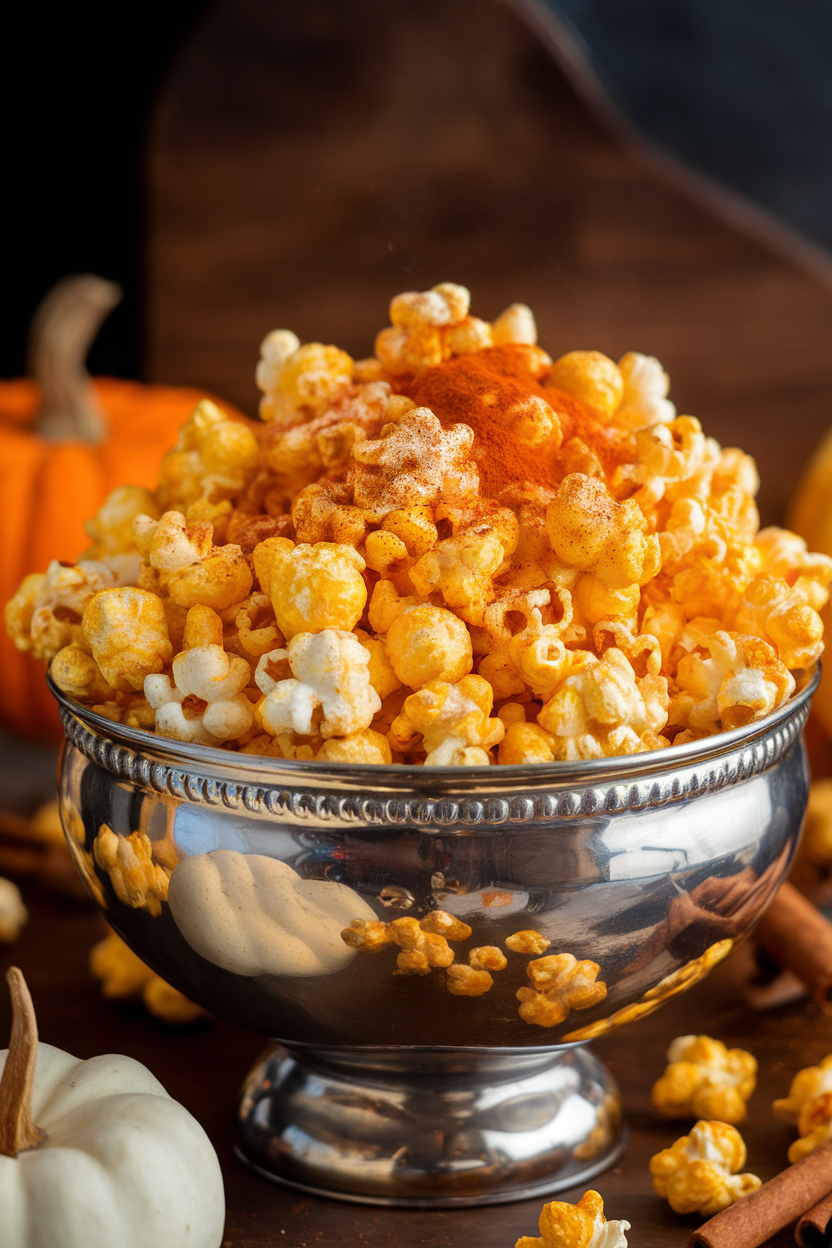 A metal indoor popcorn bowl brimming with orange-tinted popcorn dusted with pumpkin pie spices, a few cinnamon sticks nearby for ambiance. No text or logos. Photo, not illustration.